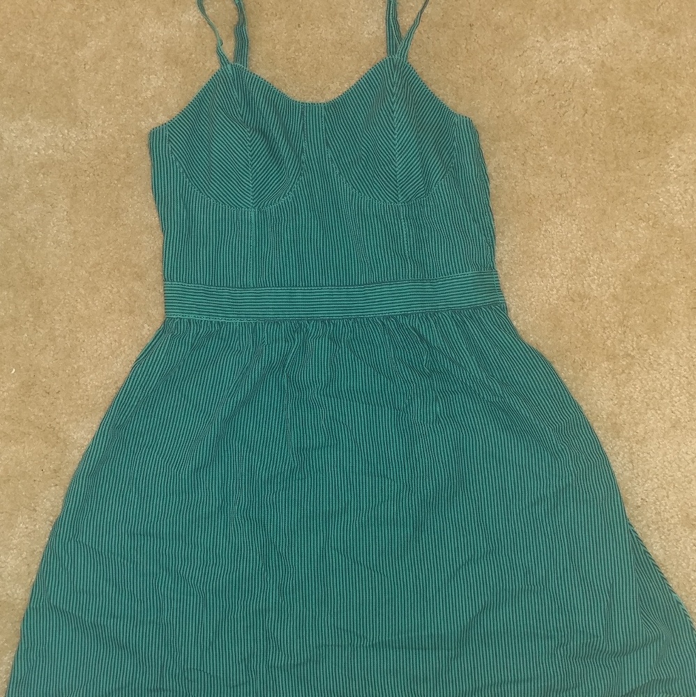 Spaghetti-strap teal striped dress